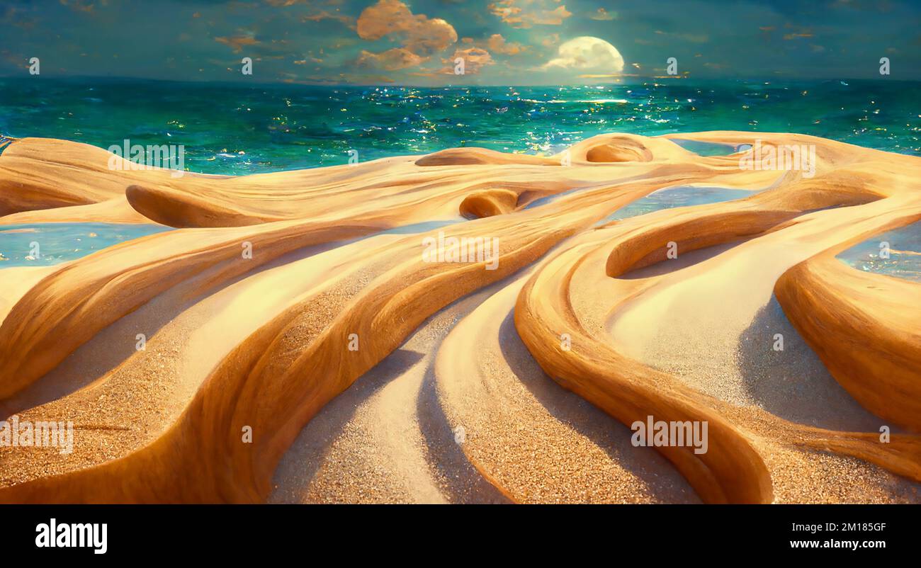 Sea View sandy beach illustration oil painting style art Stock Photo