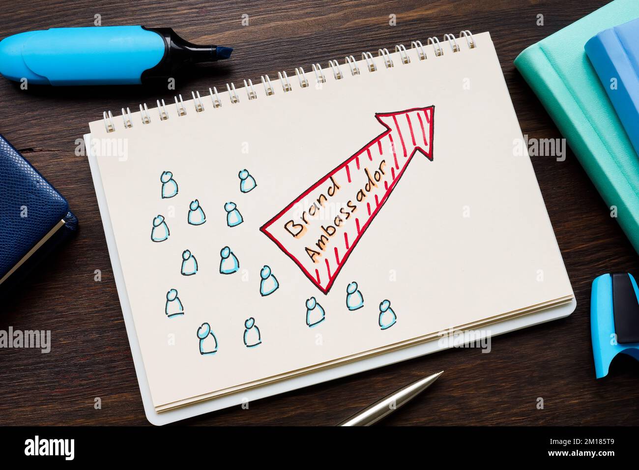 An open notepad with a drawn arrow and Brand ambassador inscription. Stock Photo