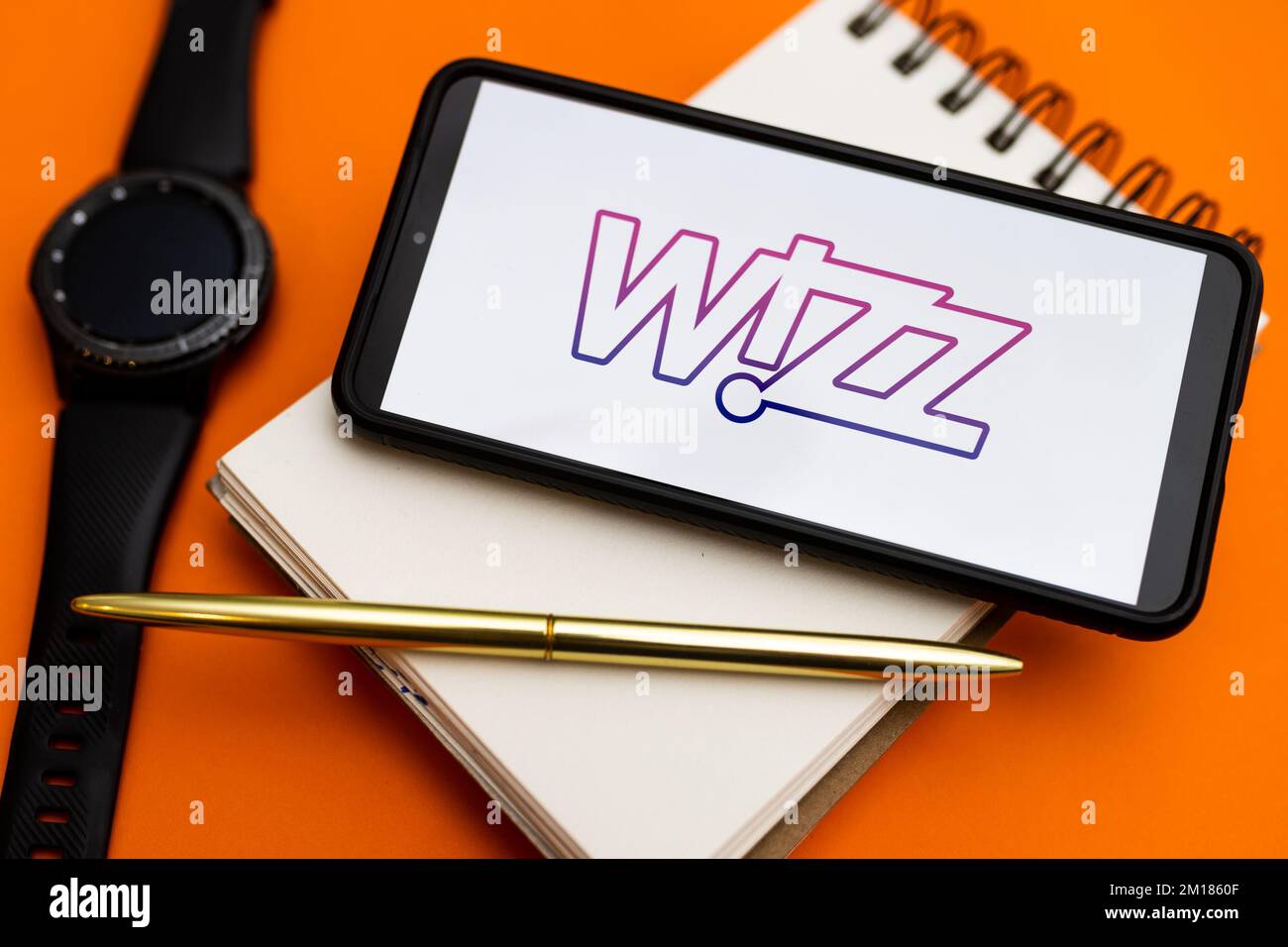 In this photo illustration a Wizz Air logo seen displayed on a smartphone. (Photo by Mateusz Slodkowski / SOPA Images/Sipa USA) Stock Photo