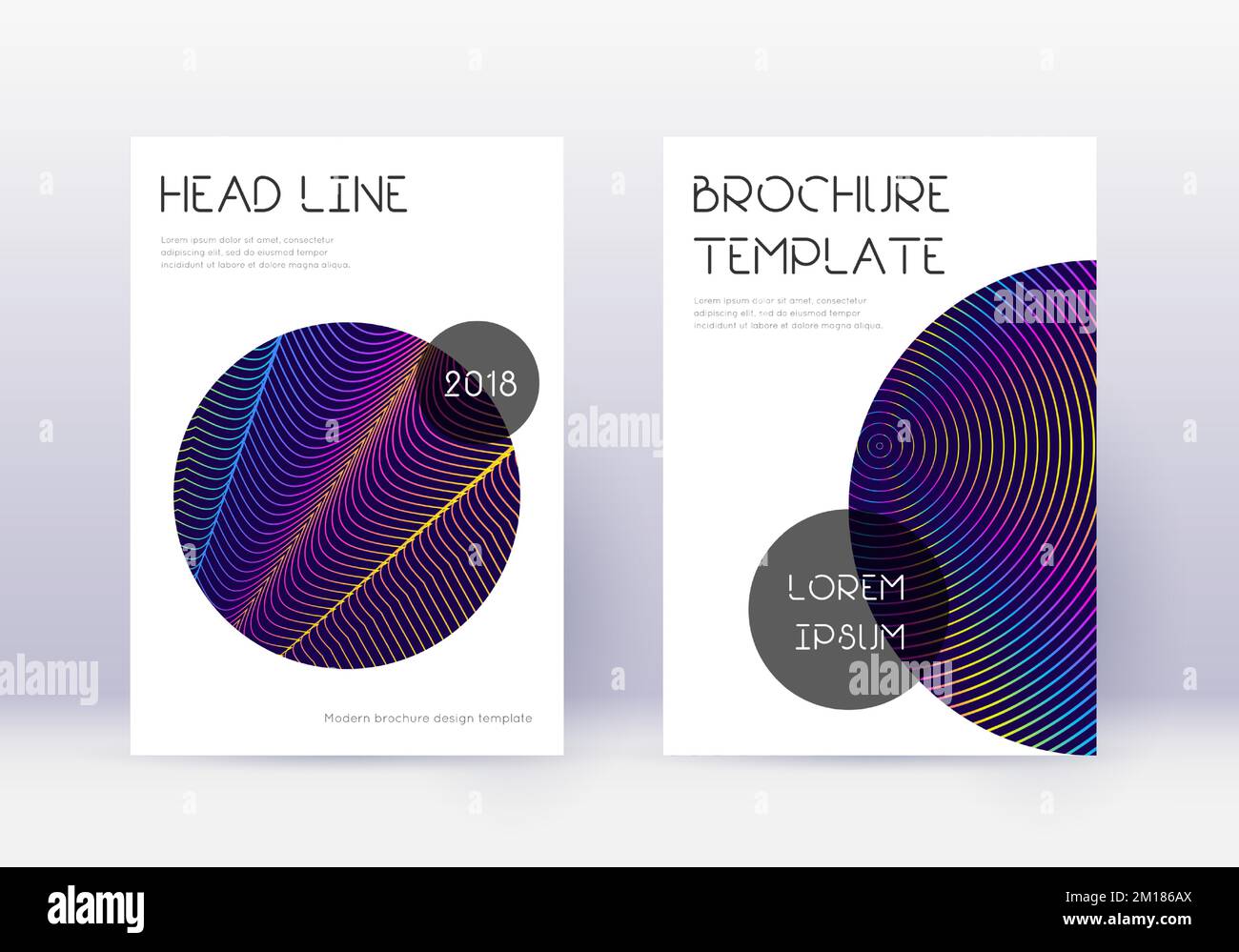 Trendy cover design template set. Rainbow abstract lines on dark blue