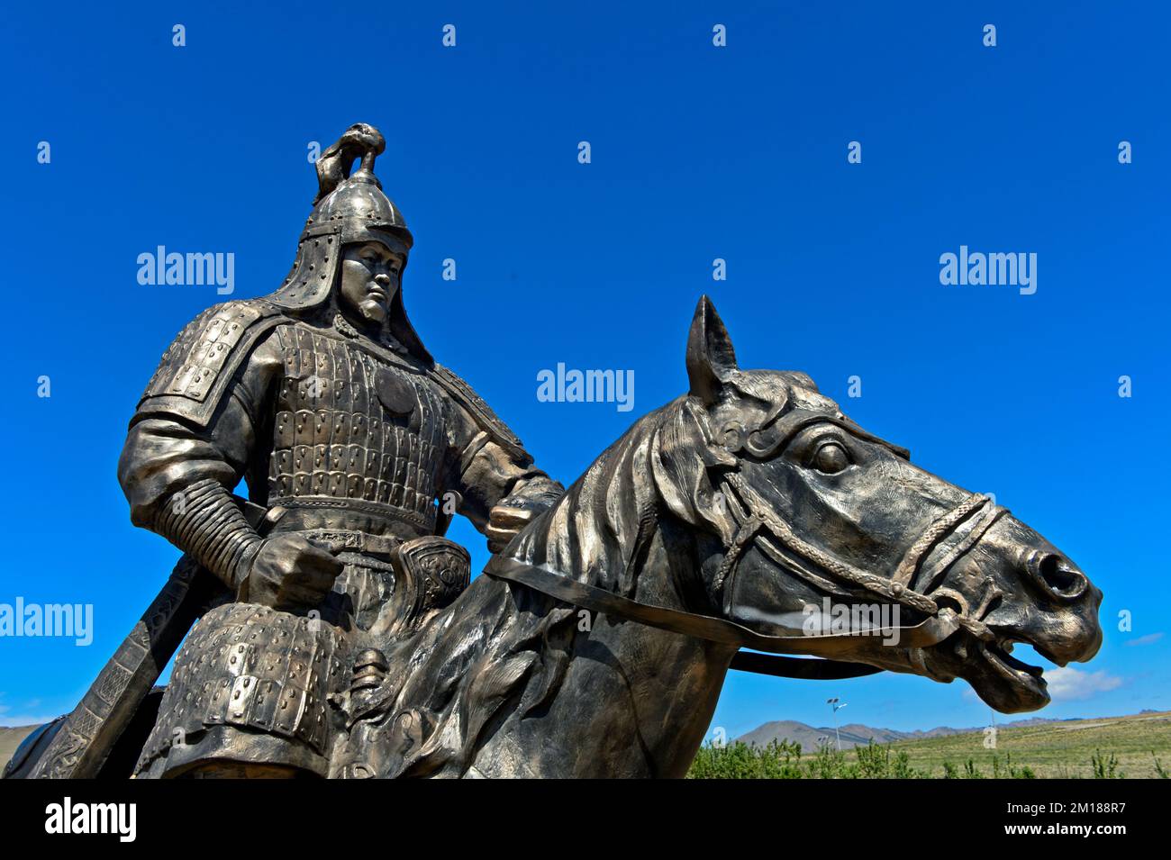 Portrait, horseman of the Mongol Hordes of Genghis Khan, Chinggis Khaan Statue Complex,Tsonjin Boldog, Mongolia Stock Photo