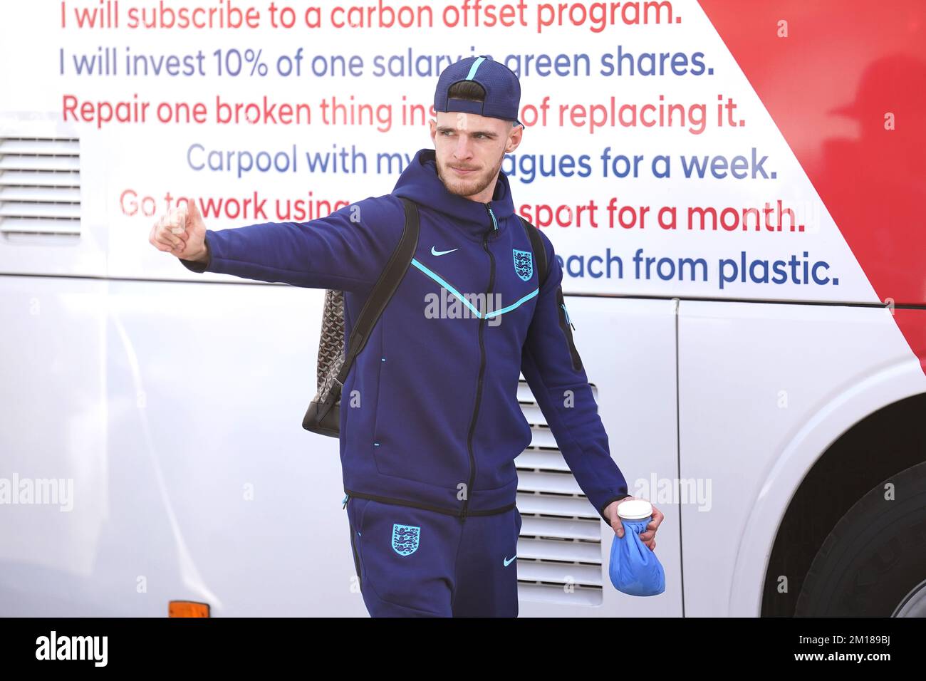 England's Declan Rice outside the Souq Al-Wakra hotel, Qatar, following England's loss to France in their World Cup quarter-final in Al Khor on Saturday.Picture date: Sunday December 11, 2022. Stock Photo