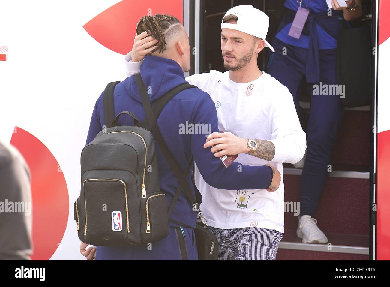 England's Kalvin Phillips (left) and James Maddison outside the Souq  Al-Wakra hotel, Qatar, following England's loss to France in their World  Cup quarter-final in Al Khor on Saturday.Picture date: Sunday December 11