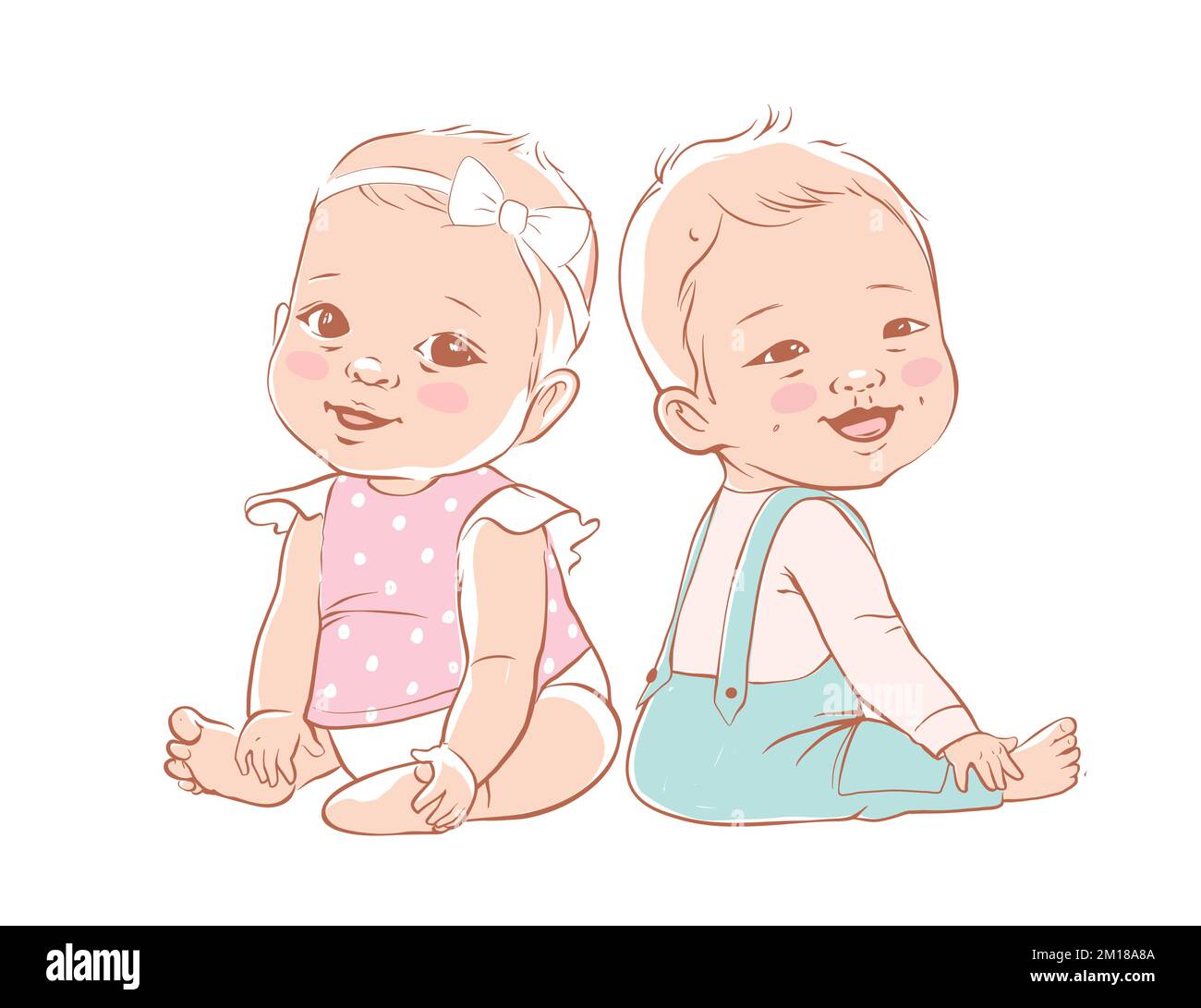 Cute baby boy and a girl sitting and smiling Stock Vector Image & Art