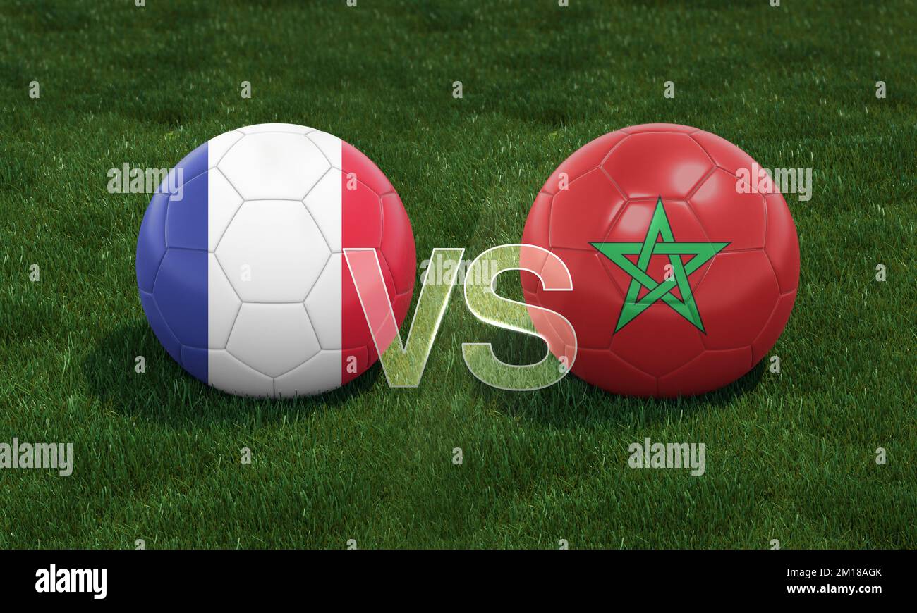 Football with France vs. Morocco 3D ball soccer flags on green football