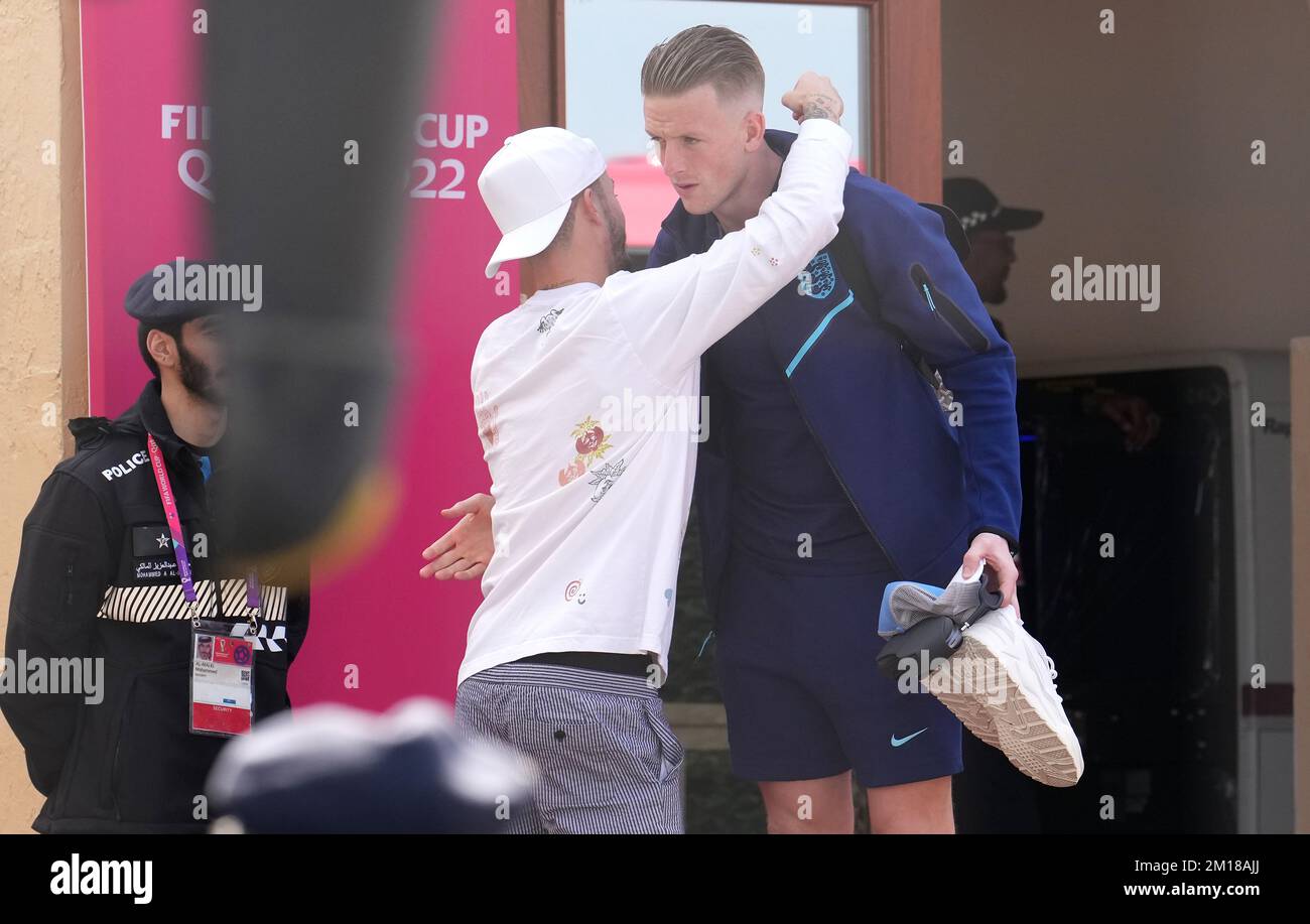 England's Kalvin Phillips (left) and James Maddison outside the Souq  Al-Wakra hotel, Qatar, following England's loss to France in their World  Cup quarter-final in Al Khor on Saturday.Picture date: Sunday December 11