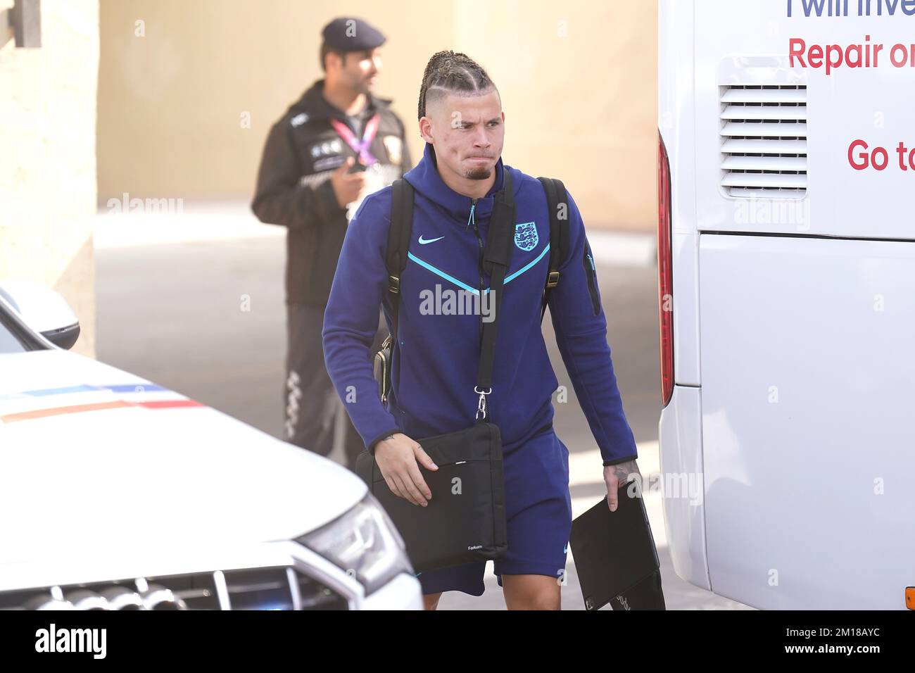 England's Kalvin Phillips (left) and James Maddison outside the Souq  Al-Wakra hotel, Qatar, following England's loss to France in their World  Cup quarter-final in Al Khor on Saturday.Picture date: Sunday December 11