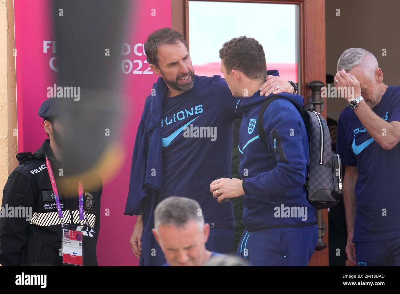 England's Kalvin Phillips (left) and James Maddison outside the Souq  Al-Wakra hotel, Qatar, following England's loss to France in their World  Cup quarter-final in Al Khor on Saturday.Picture date: Sunday December 11