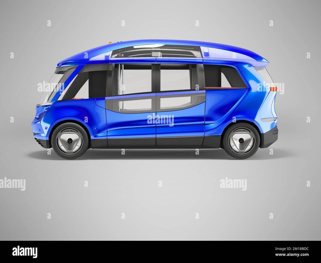 Ev Bus Back View 3d illustration blue unmanned electric bus side view on gray background ...