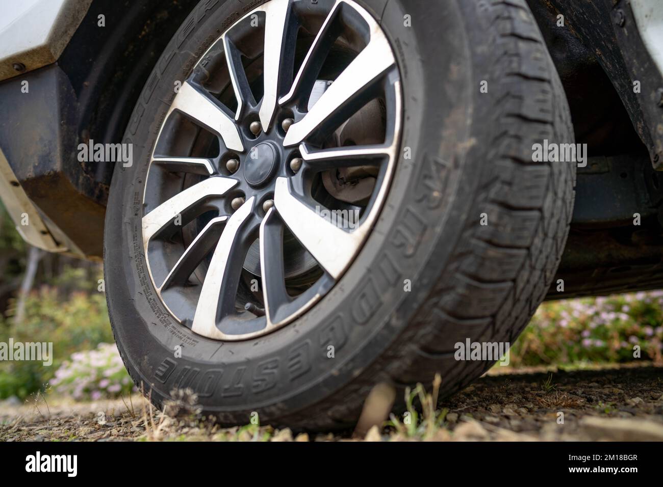 woman changing a tyre in the country. girl mechanic changing a tire in