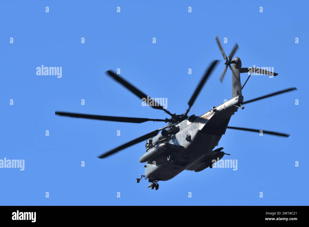 US Marine Corps heavy-lift cargo helicopter in flight. Stock Photo