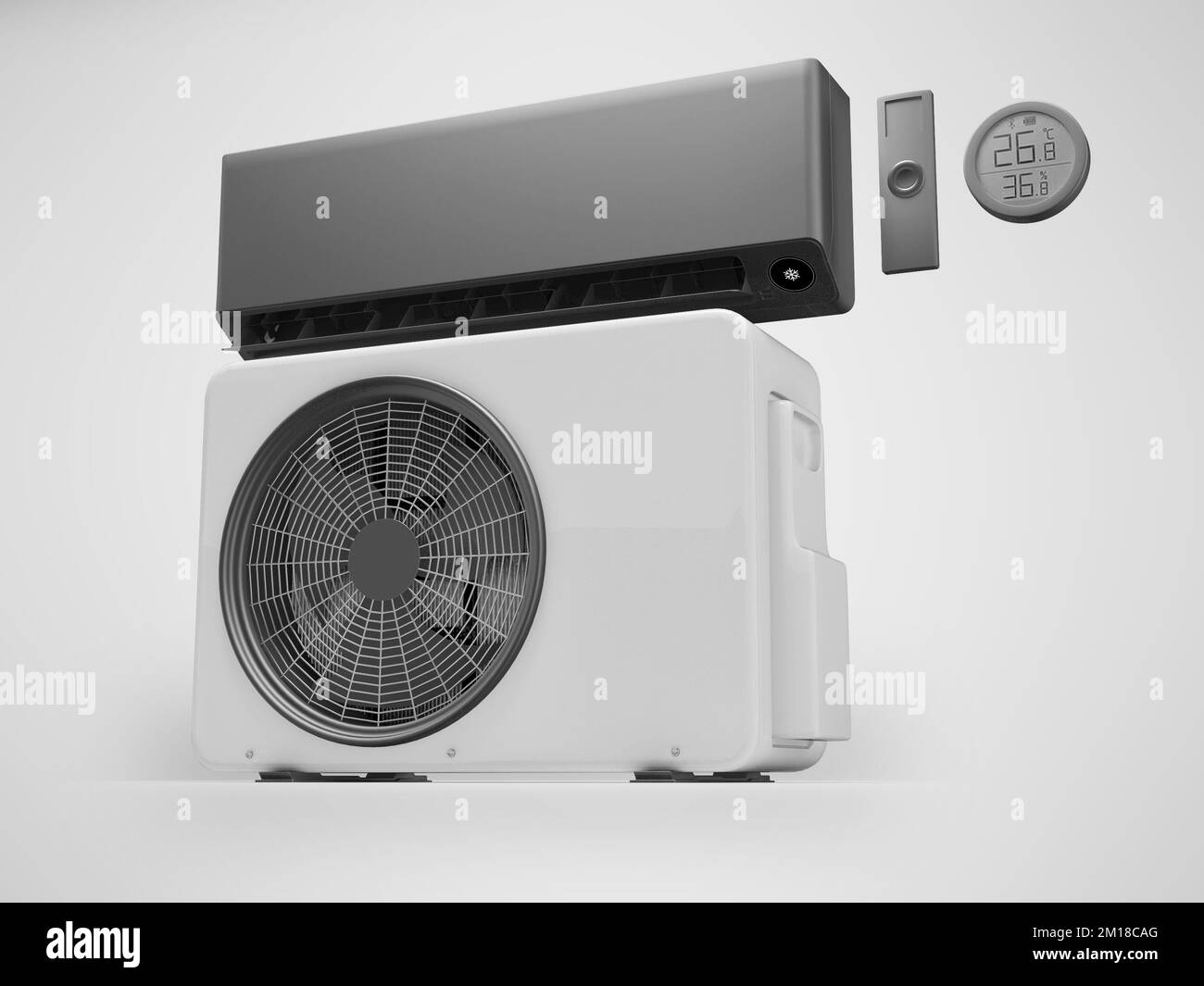 3D illustration of modern set of air conditioners for office cooling on gray background with shadow Stock Photo