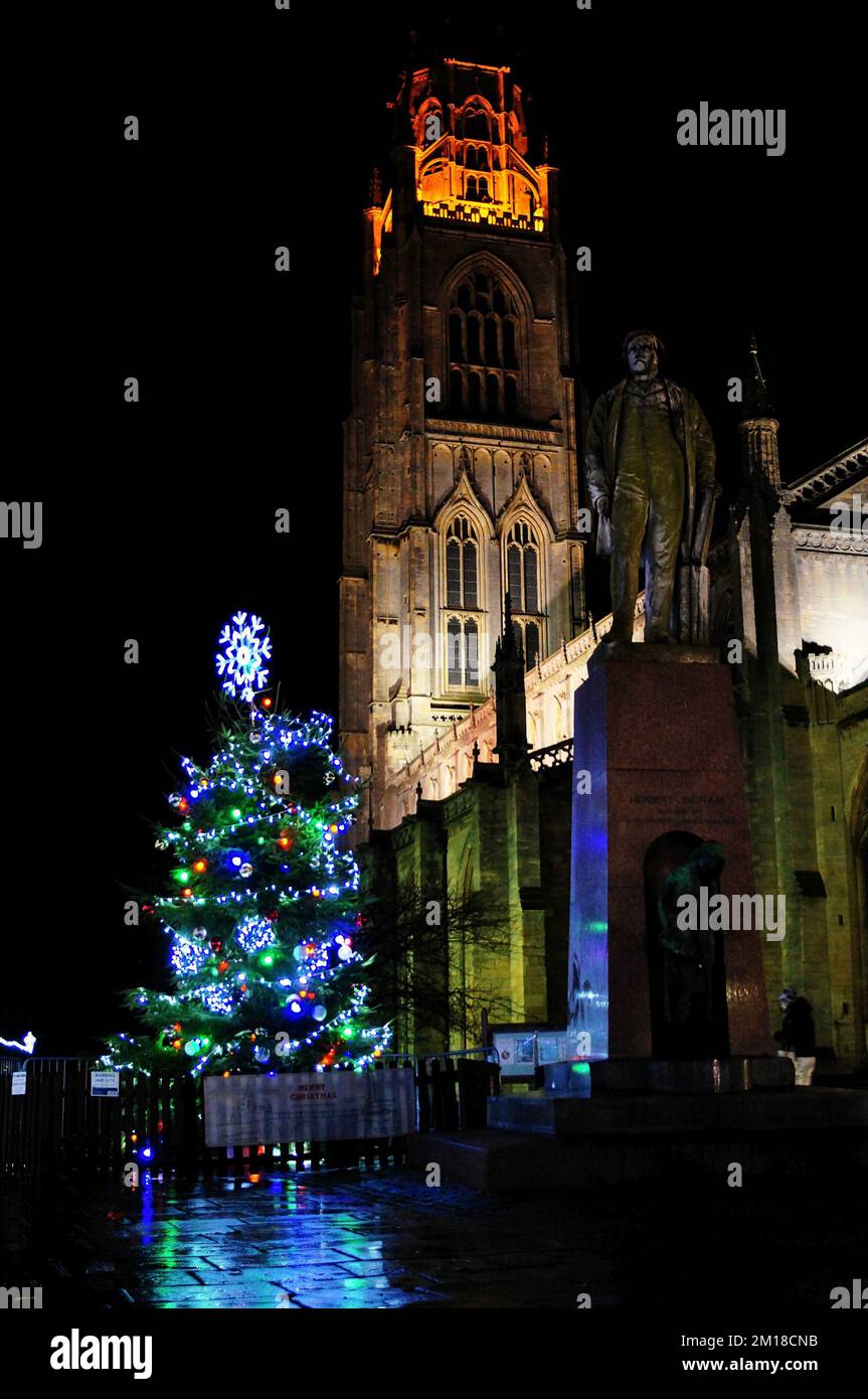 The Stump tower (St Botolph's church) and Ingram statue with Christmas tree at night. Stock Photo