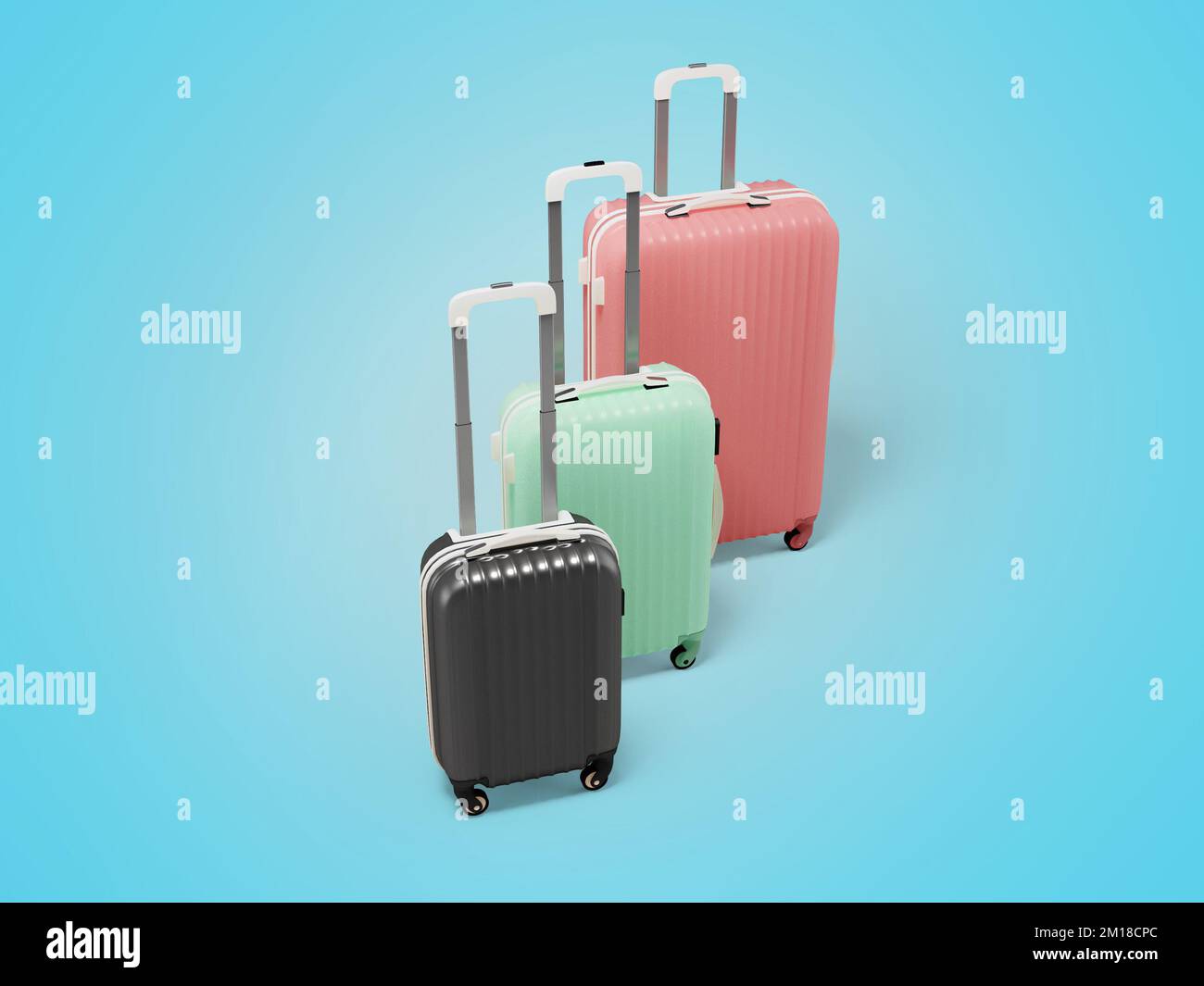 3d illustration of group of large medium and small wheeled suitcases