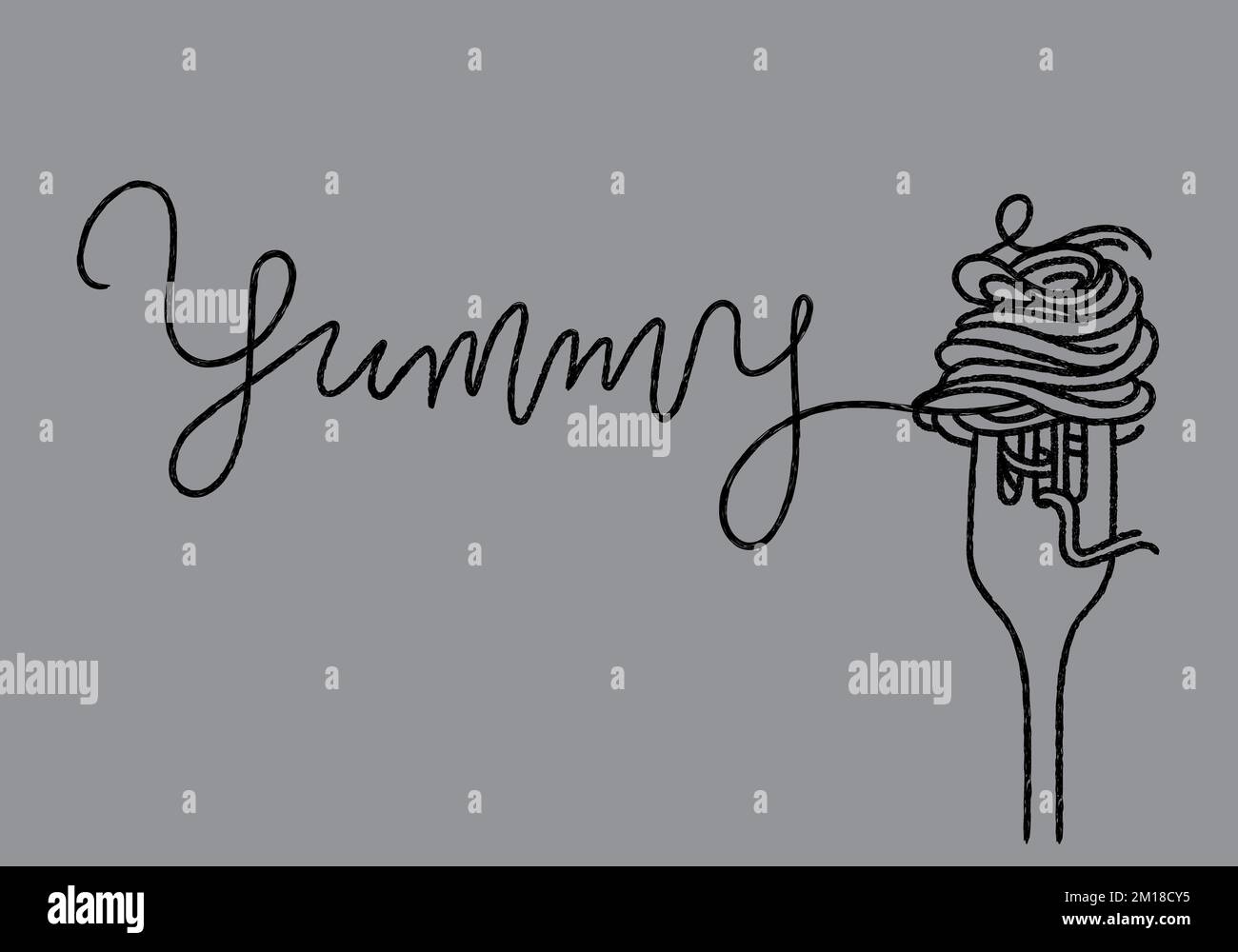 spaghetti roll with fork line art and yummy typography vector