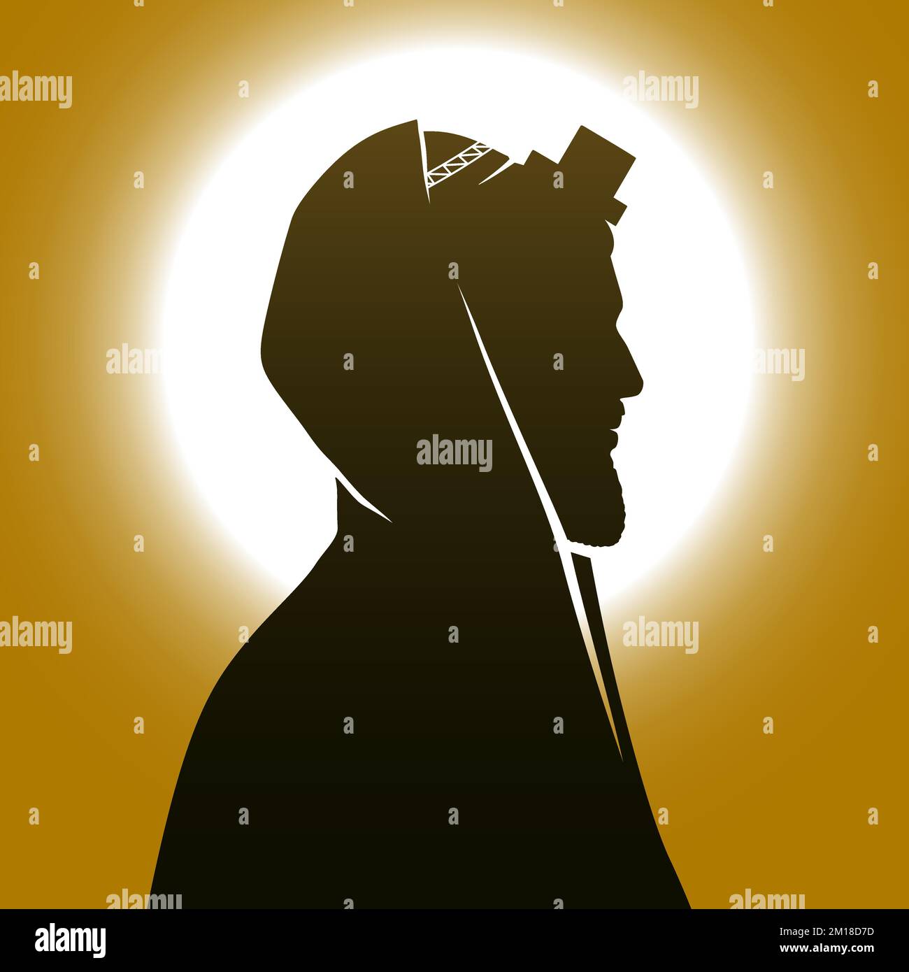 Jewish man with Kippah, Tallit, and Tefillin, praying on a mystical sunny background, vector illustration. Stock Vector