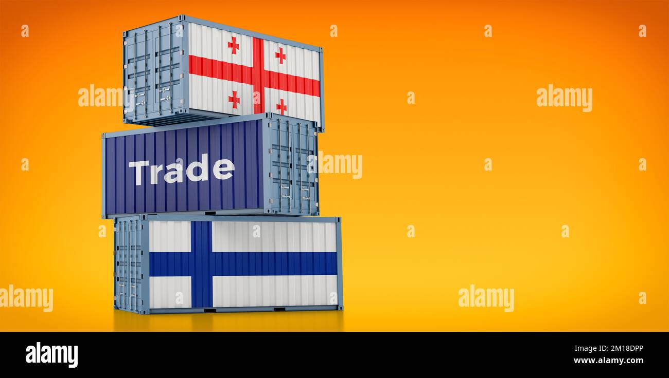 Cargo containers with Finland and Georgia national flags. 3D Rendering ...