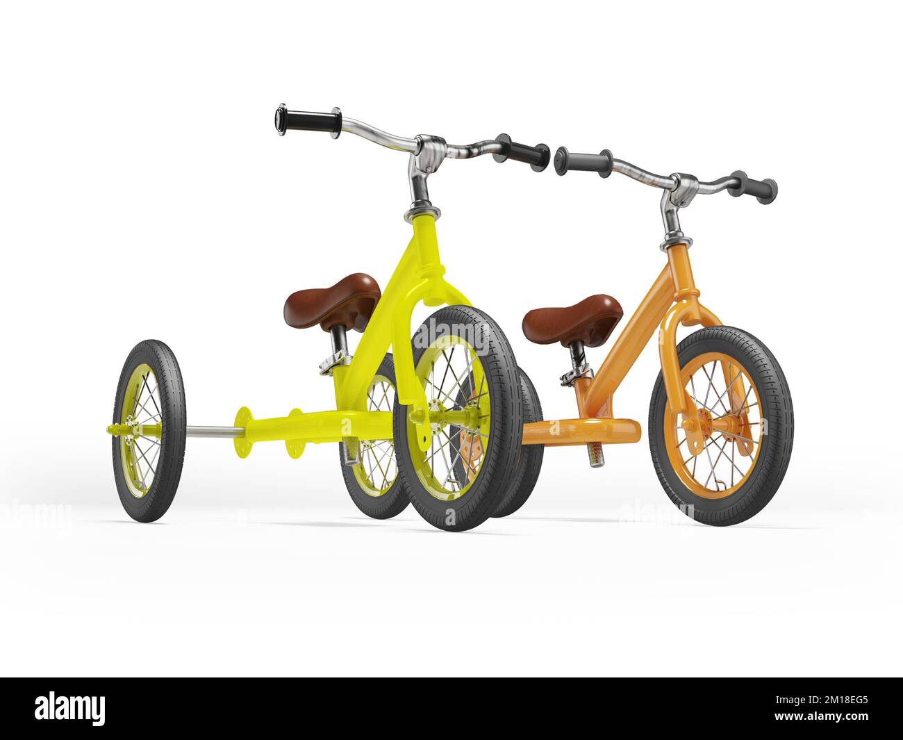 3d illustration of set of bicycle without pedals on three wheels and