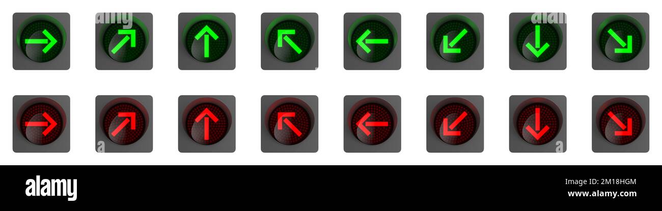 Traffic lights with direction arrows on white background. Isolated 3D illustration Stock Photo