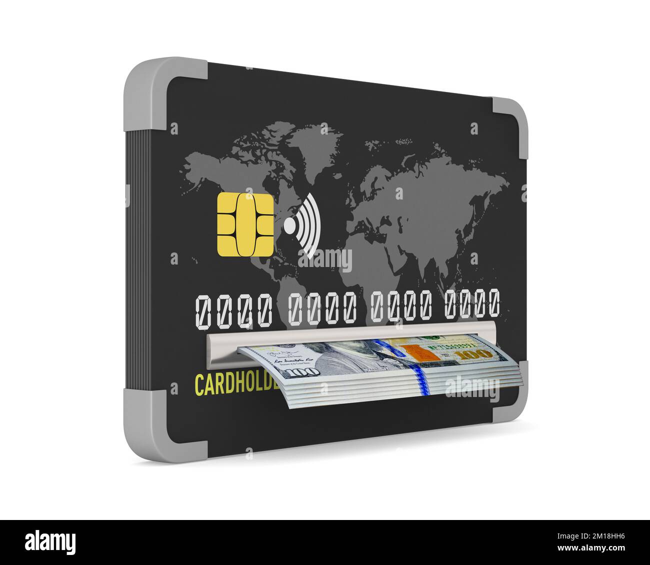 credit card with banknotes on white background. Isolated 3D illustration Stock Photo