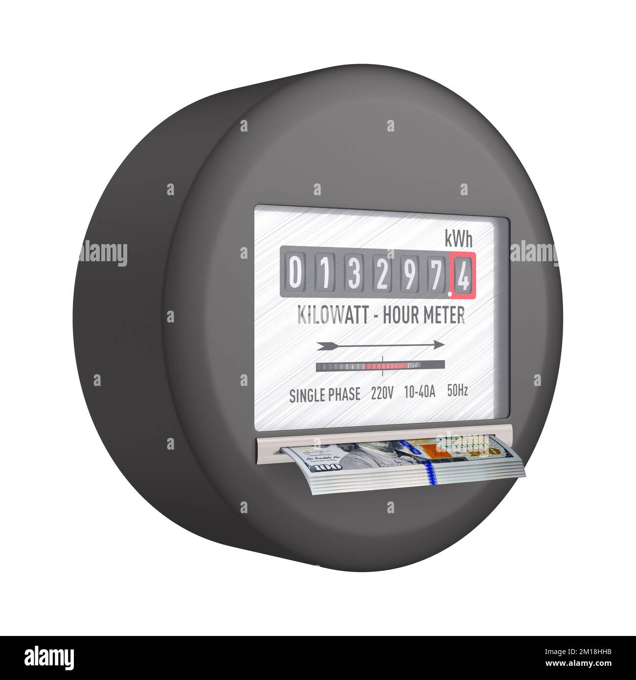 Kilowatt hour electric meter with dollars on white background. Isolated