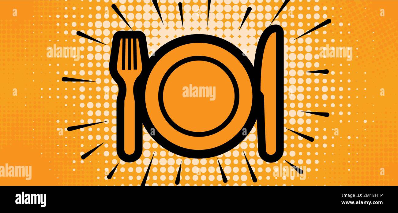 Dinner plate icon or logo. Cartoon Plate dish with fork and knife symbol.  Basic restaurant etiquette t the table. Cutlery, dining etiquette, table ma Stock Photo