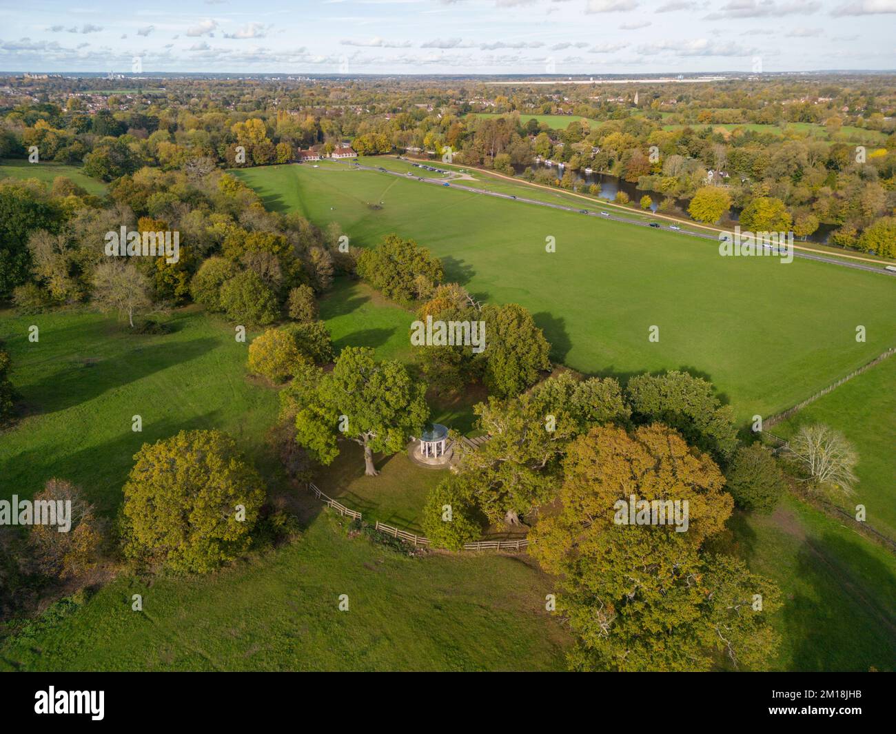Aerial view of the Magna Carta Memorial towards the River Thames, Runnymede, Surrey, UK Stock