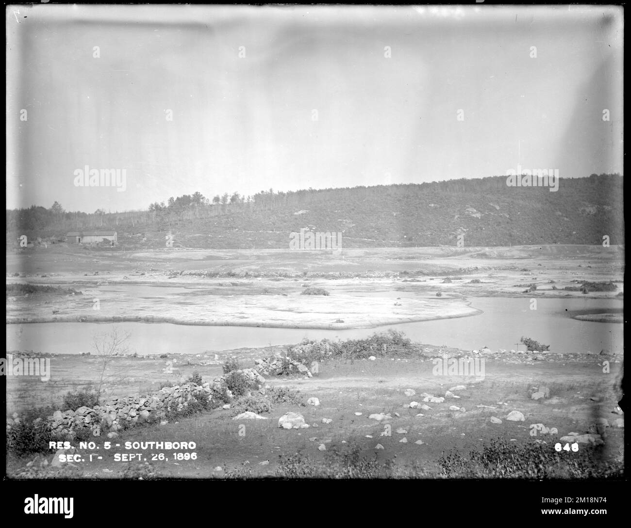 Sudbury Reservoir, Section I, from the west, Southborough, Mass., Sep. 26, 1896 , waterworks, reservoirs water distribution structures, construction sites Stock Photo