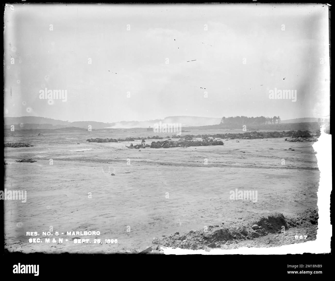 Sudbury Reservoir, Sections M and N, from the north, Marlborough, Mass., Sep. 25, 1896 , waterworks, reservoirs water distribution structures, construction sites Stock Photo
