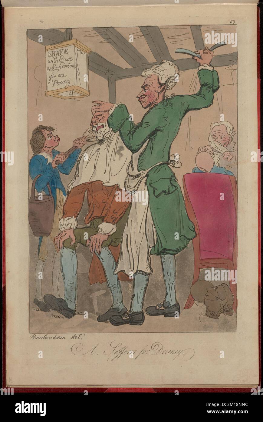 A sufferer for decency , Barbers, Barbershops, Shaving. Thomas Rowlandson (1756-1827). Prints and Drawings Stock Photo