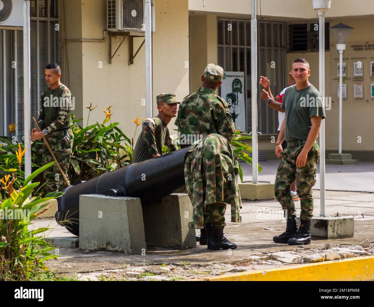 Leticia, Colombia.- Sep 2019: Soldiera at the borders of three ...