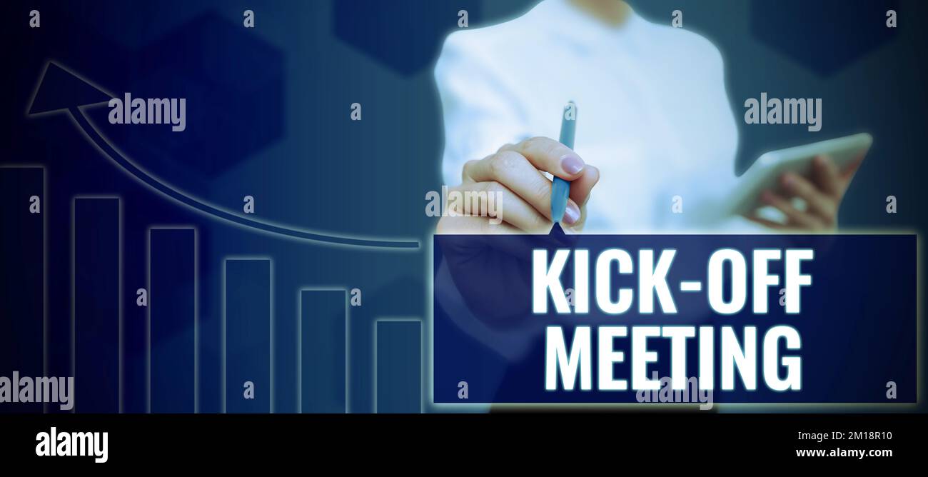 Hand writing sign Kick Off Meeting. Business concept first meeting with ...