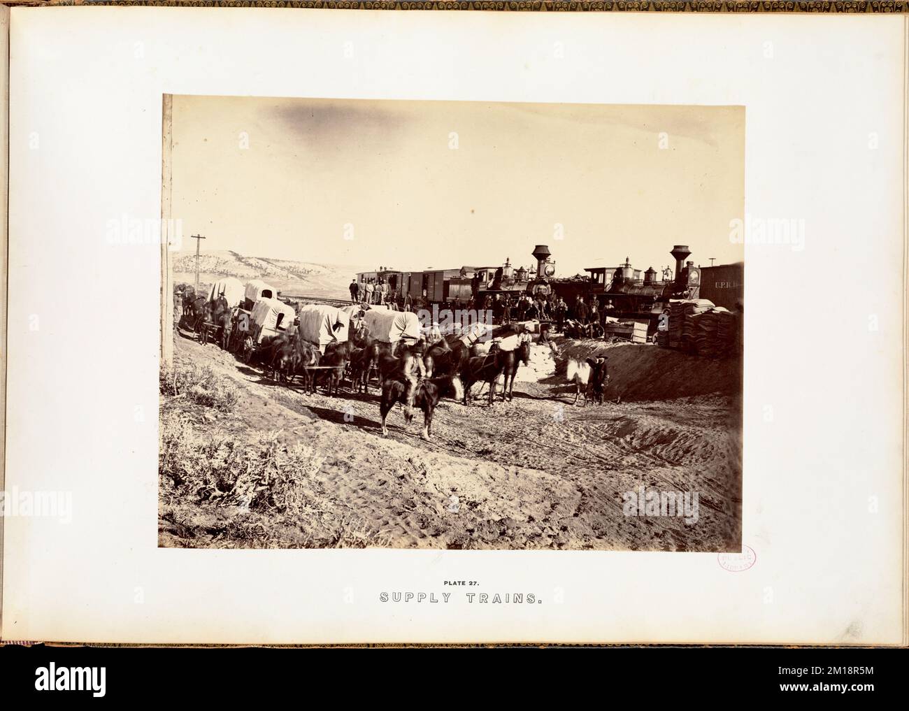 Supply trains. , Covered wagons, Railroads, Railroad construction