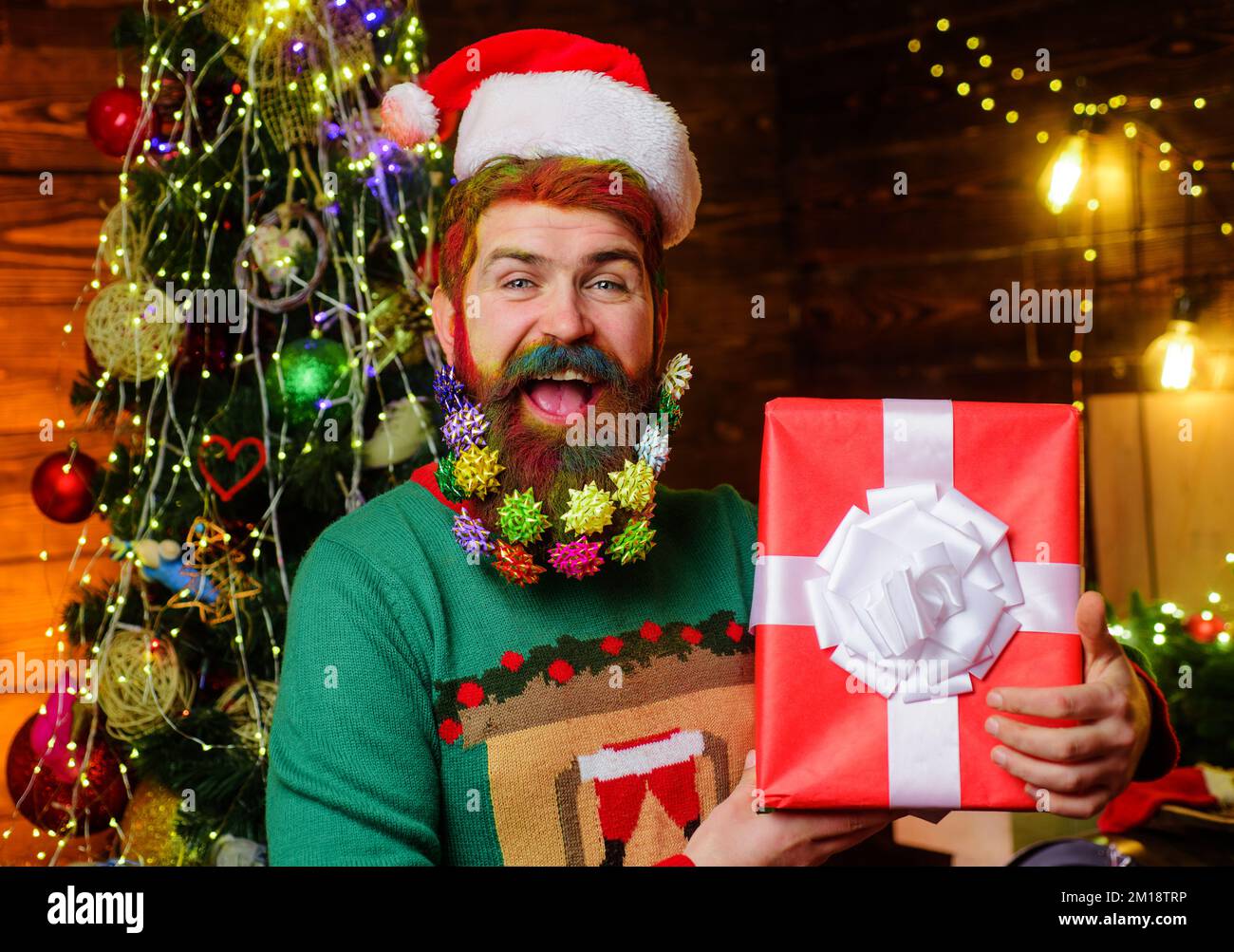 Bearded man in santa hat with decorated beard for New Year holiday holds Christmas gift present box. Stock Photo