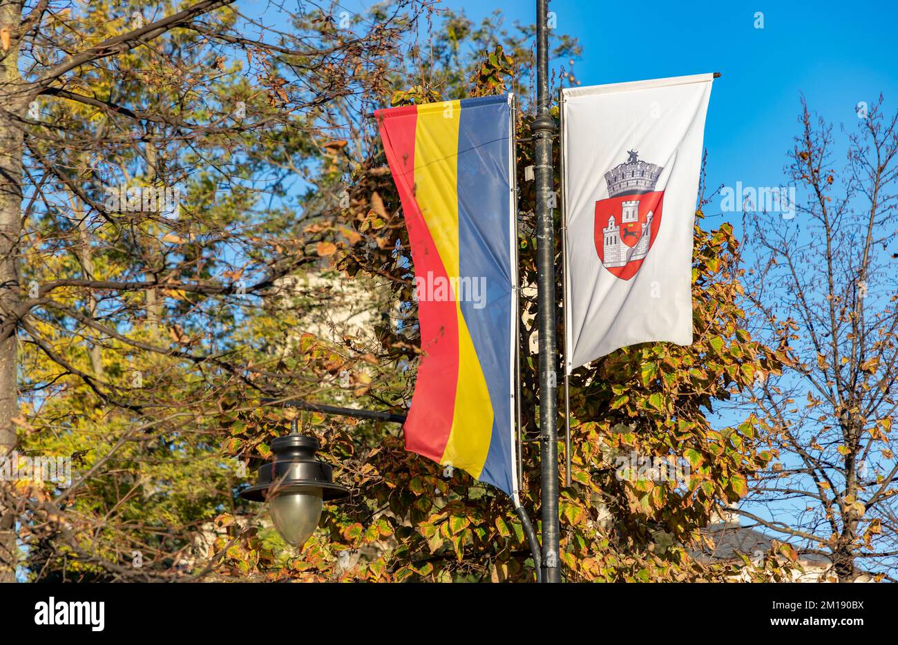 A picture of the Romania and Iasi flags with a backdrop of fall foliage. Stock Photo