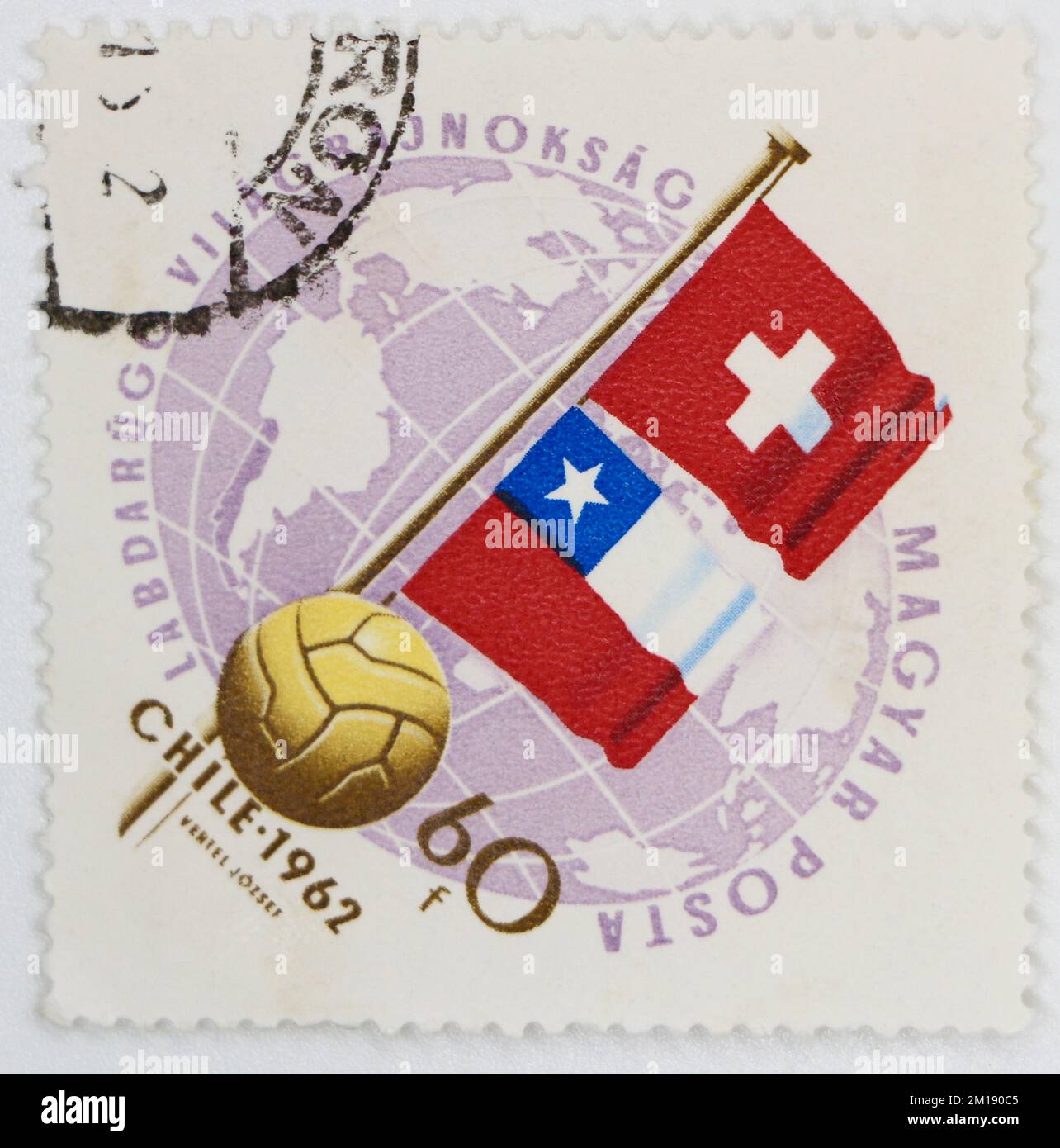 Photo of a Hungarian postage stamp Flags of Switzerland and Chile FIFA