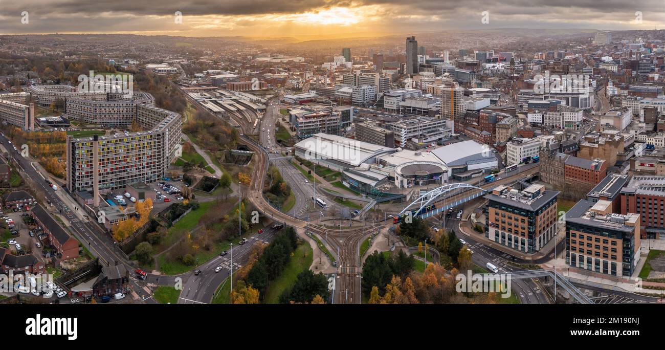 SHEFFIELD, UK DECEMBER 6, 2022. An aerial panorama of Sheffield city