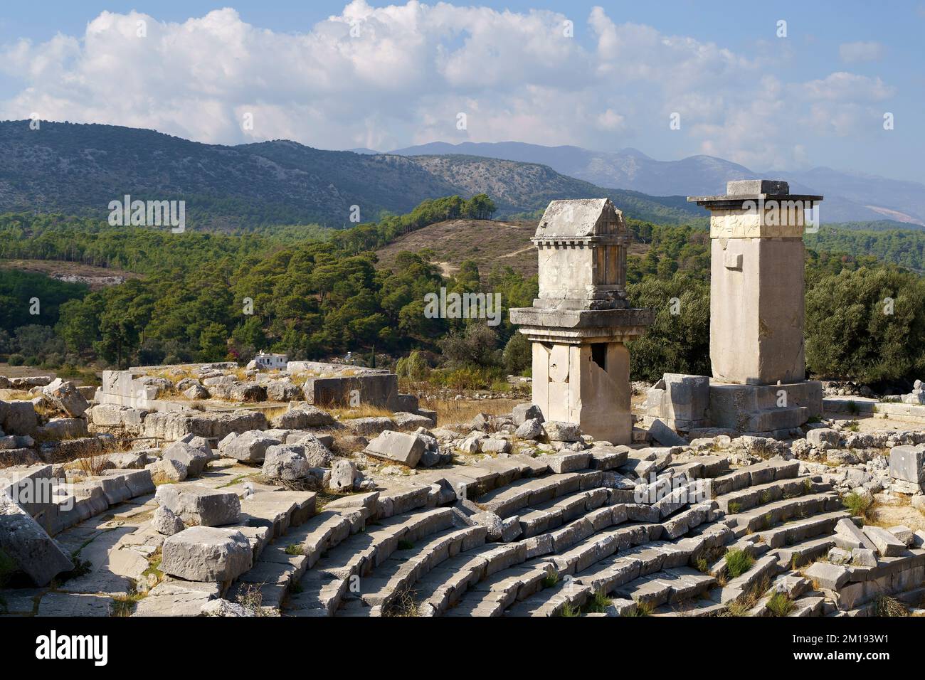 Ancient city of Xanthos in turkey. Stone columns with decoration and decor. Ruins of ancient Greek civilization, stone objects of culture and art. High quality photo Stock Photo
