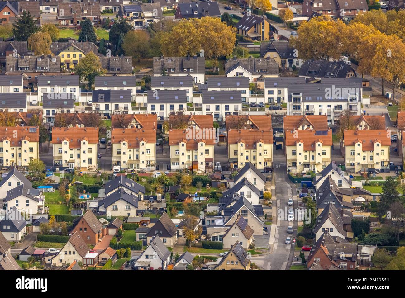 Aerial view, housing estates from three different eras colliery