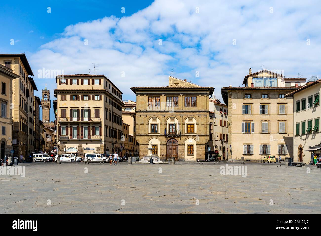 West side of Santa Croce Square with Casa Chiavacci, Palazzo Cocchi-Serristori and Casa Diluvio, Florence city center, Tuscany region, Italy Stock Photo