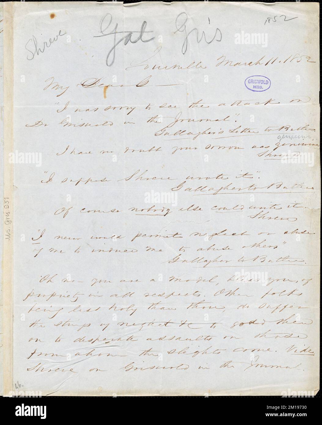 Thomas H. Shreve, Louisville, (KY), autograph letter signed to William D. Gallagher, 11 March 1852 , American literature, 19th century, History and criticism, Authors, American, 19th century, Correspondence, Authors and publishers, Poets, American, 19th century, Correspondence, Griswold, Rufus W. Rufus Wilmot, 1815-1857, Bailey, Gamaliel, 1807-1859. Rufus W. Griswold Papers Stock Photo