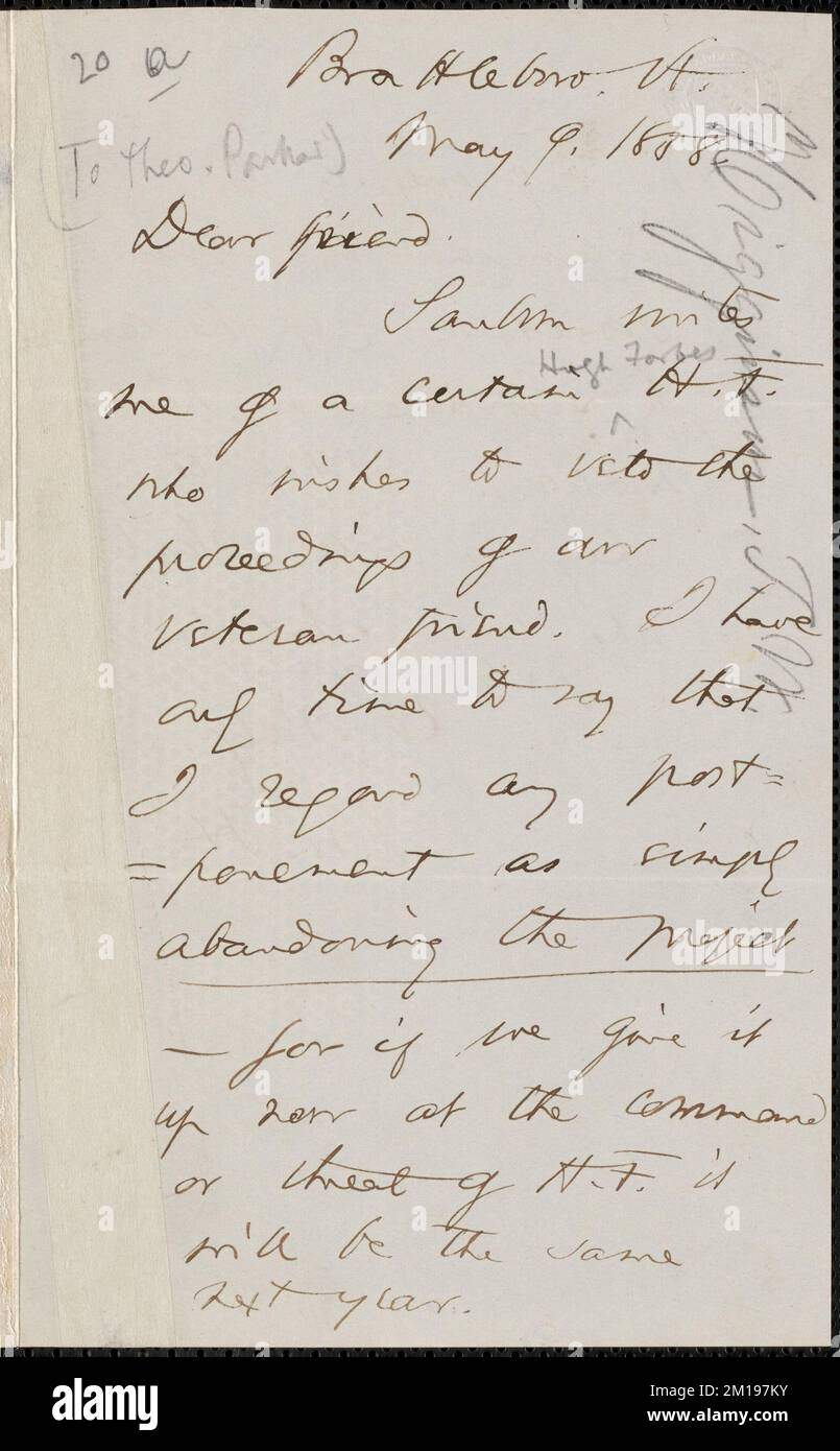 Thomas Wentworth Higginson autograph letter signed to [Theodore Parker], Brattleboro, Vt., 9 May 1858 , Abolitionists, United States, Antislavery movements, United States, History, 19th century, Harpers Ferry W. Va., History, John Brown's Raid, 1859, Forbes, Hugh, active approximately 1848-approximately 1857. John Brown- Correspondence relating to John Brown and the raid on Harpers Ferry Stock Photo
