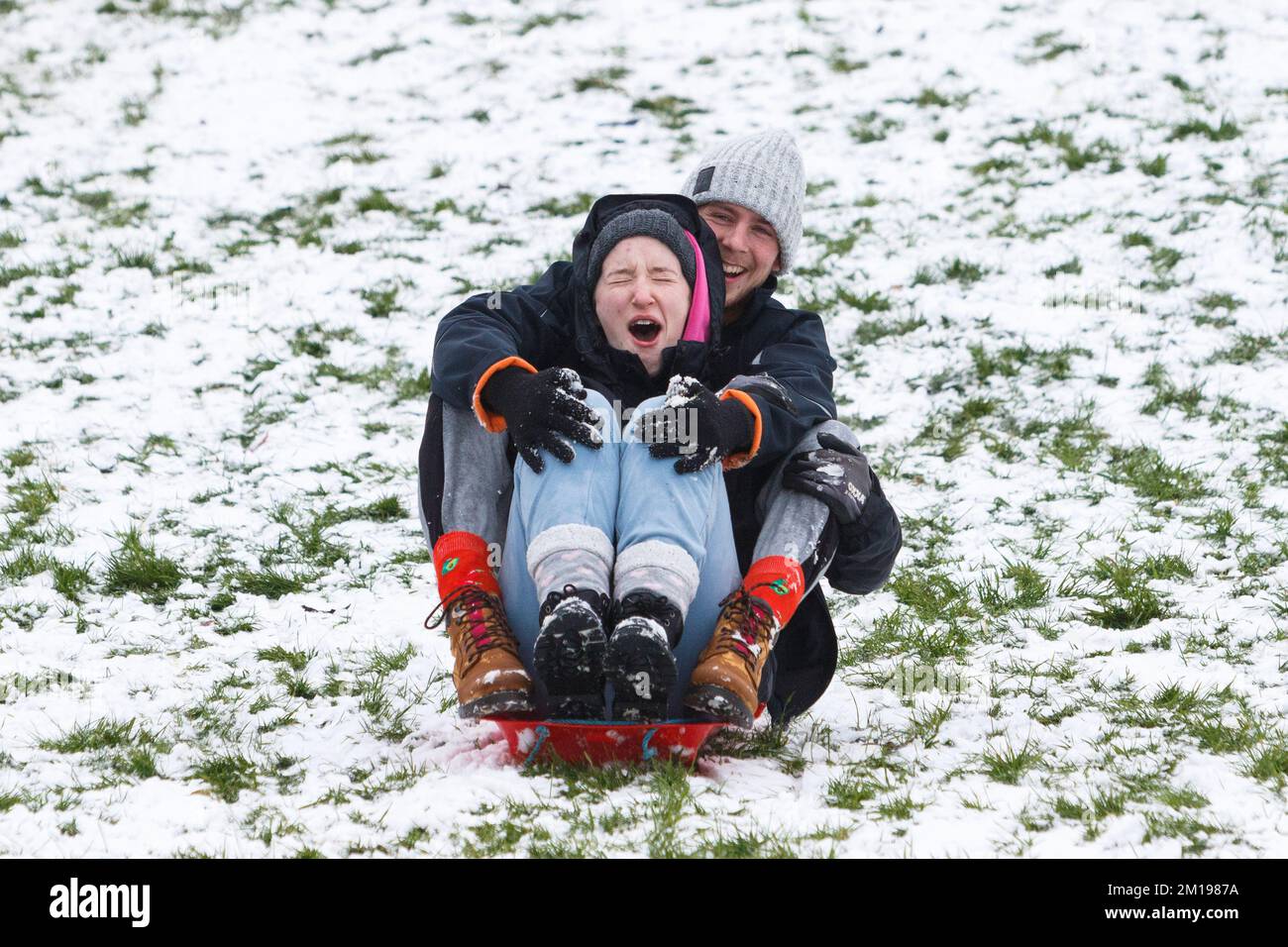 Chippenham, Wiltshire, UK, 11th Dec, 2022. As Chippenham residents wake up to their first snow of the year, two people are pictured in a local park in Chippenham as they speed down a hill on a sledge. Credit: Lynchpics/Alamy Live News. Stock Photo