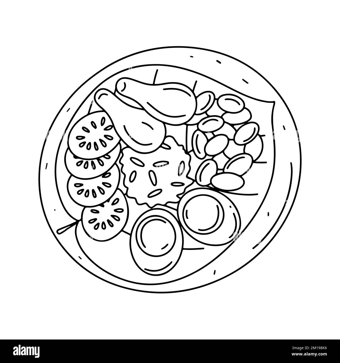 Asian traditional meal with rice, chicken, boiled eggs and beans. Vector illustration in hand drawn doodle style Stock Vector