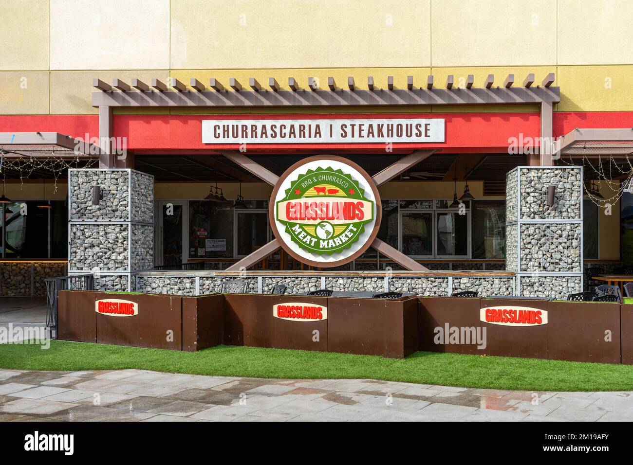 Anaheim, CA, USA – November 2, 2022: Exterior of Grassland Churrascaria Steakhouse business closed in Anaheim, California. Stock Photo
