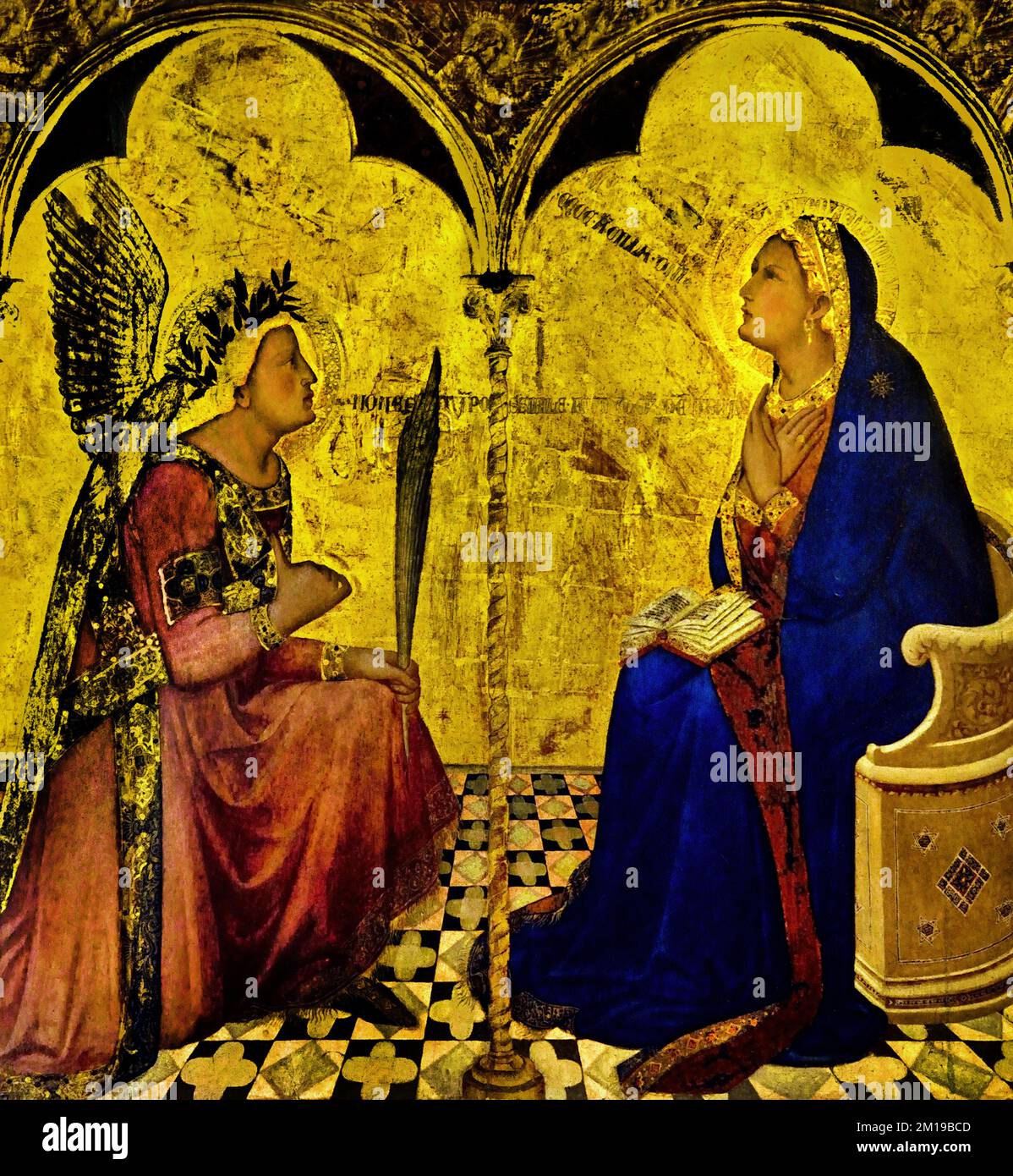 Ambrogio Lorenzetti - Siena, known from 1319 to 1348 (painting) Annunciation  Christian Art, Italy, Italian. ( Annunciation is a painting by the Italian late medieval painter Ambrogio Lorenzetti, signed and dated 1344 ) , Archangel Gabriel, announces to the ,Virgin Mary, that she has been chosen to be the, mother of Jesus, birth of Christ, Stock Photo