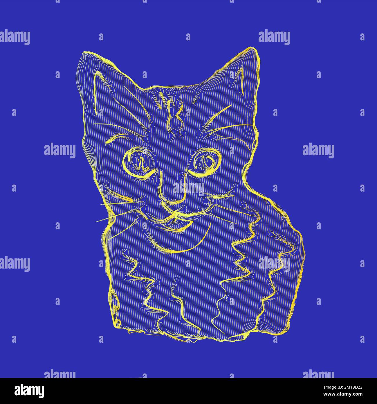 cat drawn with gradient lines on a blue background. Vector contour