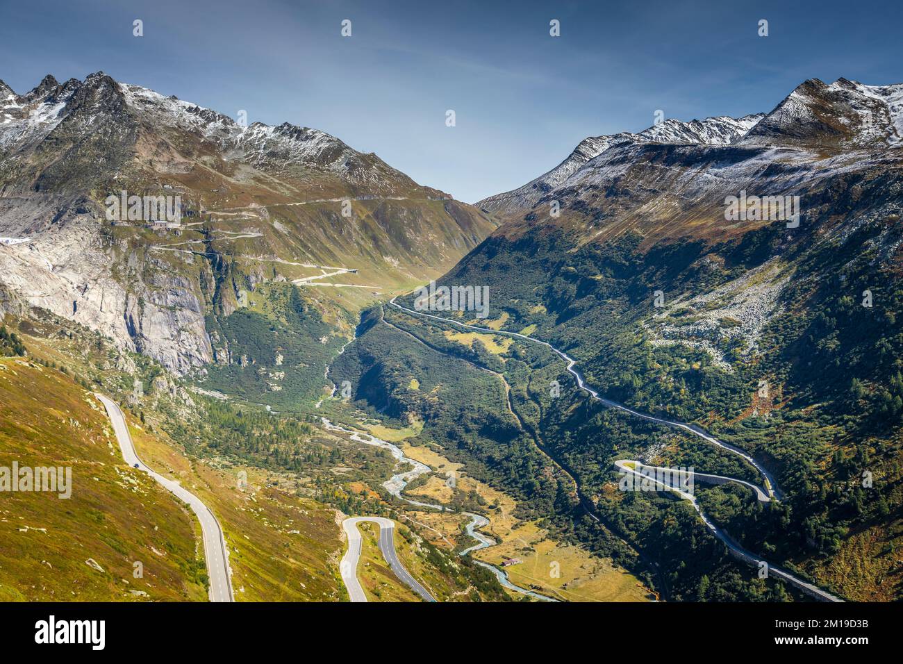 Grimsel and Furka mountain pass, dramatic road with swiss alps, Switzerland Stock Photo