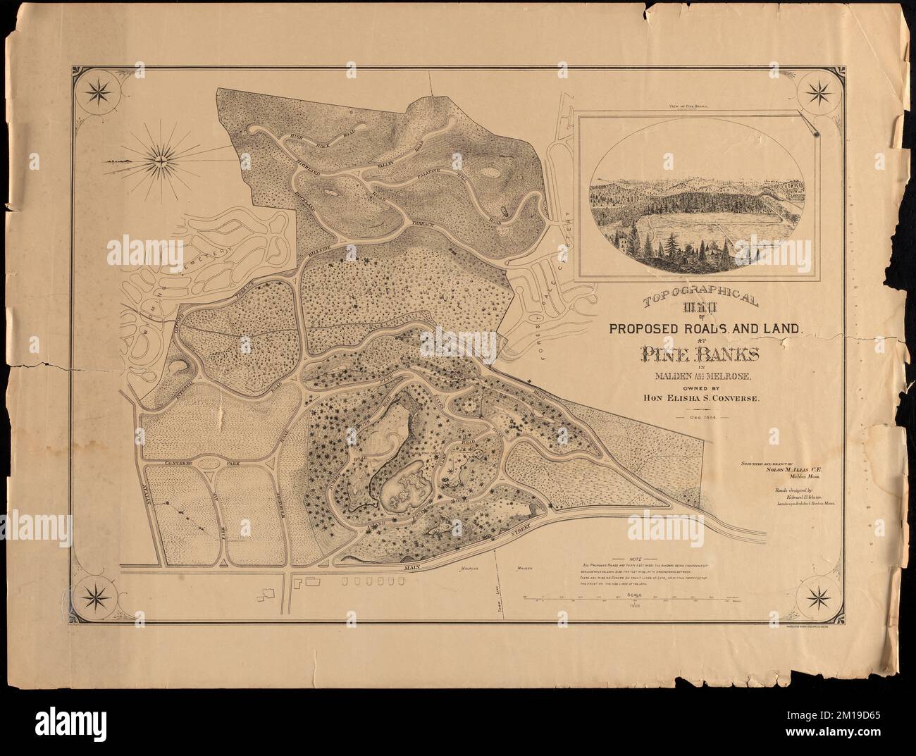 Topographical map of proposed roads and land at Pine Banks in Malden and Melrose, owned by Hon