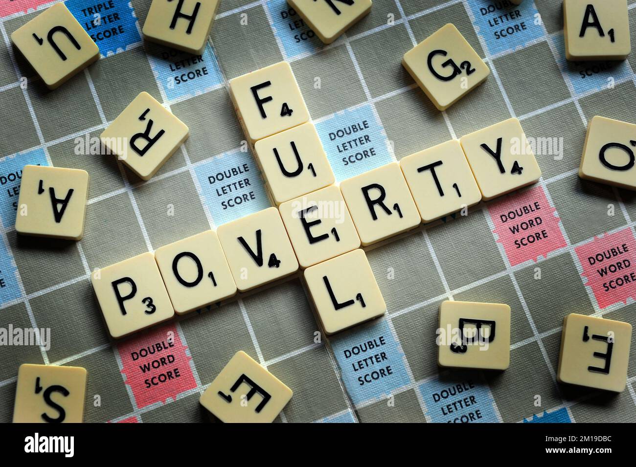 WORD TILE GAME SPELLING FUEL POVERTY RE COST OF LIVING CRISIS HEATING HOMES FUEL COSTS ETC UK Stock Photo